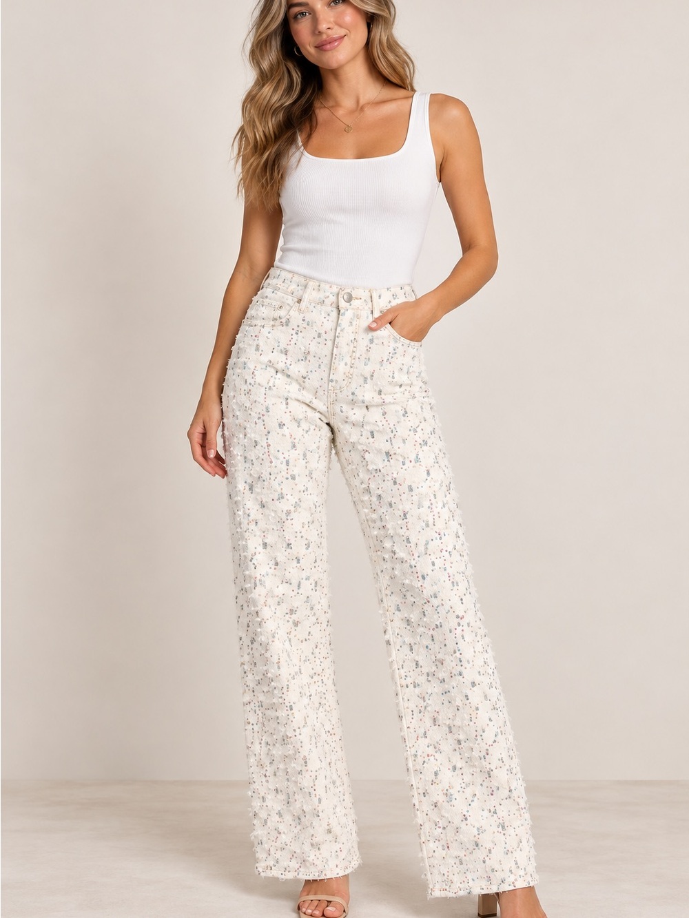 Women’s Risen denim Embellished Wide-Leg Cream Pants